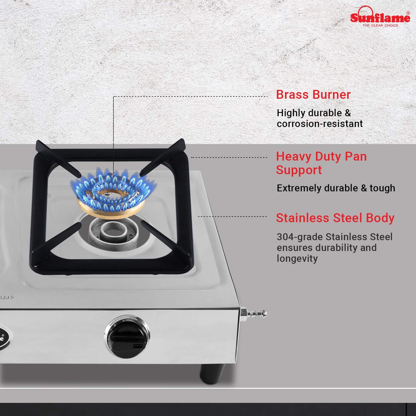 Sunflame 2B - Stainless Steel 2 Burner Gas Stove (Manual Ignition, 2 Brass Burners, Silver)