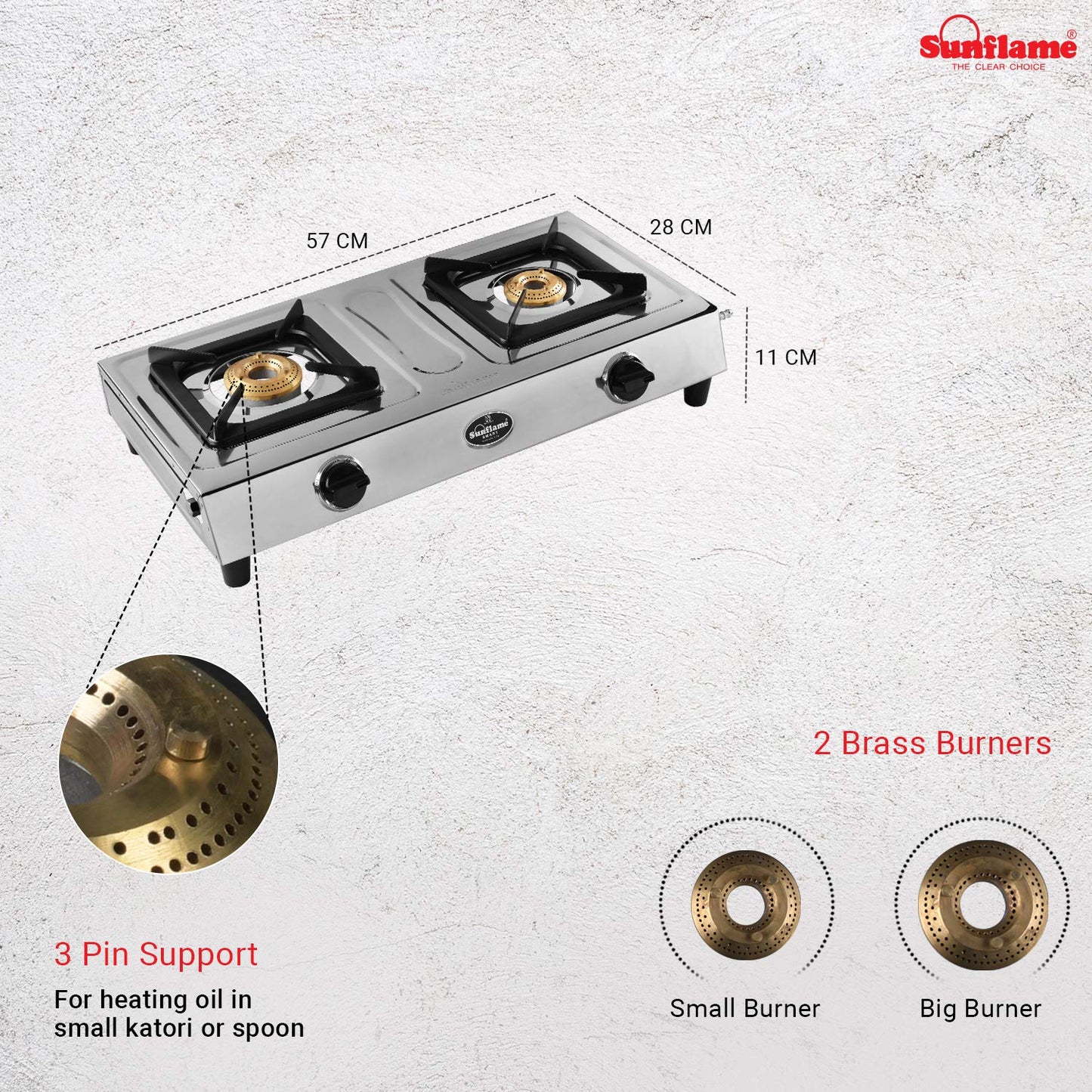 Sunflame 2B - Stainless Steel 2 Burner Gas Stove (Manual Ignition, 2 Brass Burners, Silver)